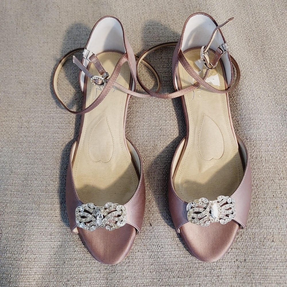 ANGELA NURAN Audrey Jewel Silk Ankle Strap Peep toe Flat Shoes Sz-9